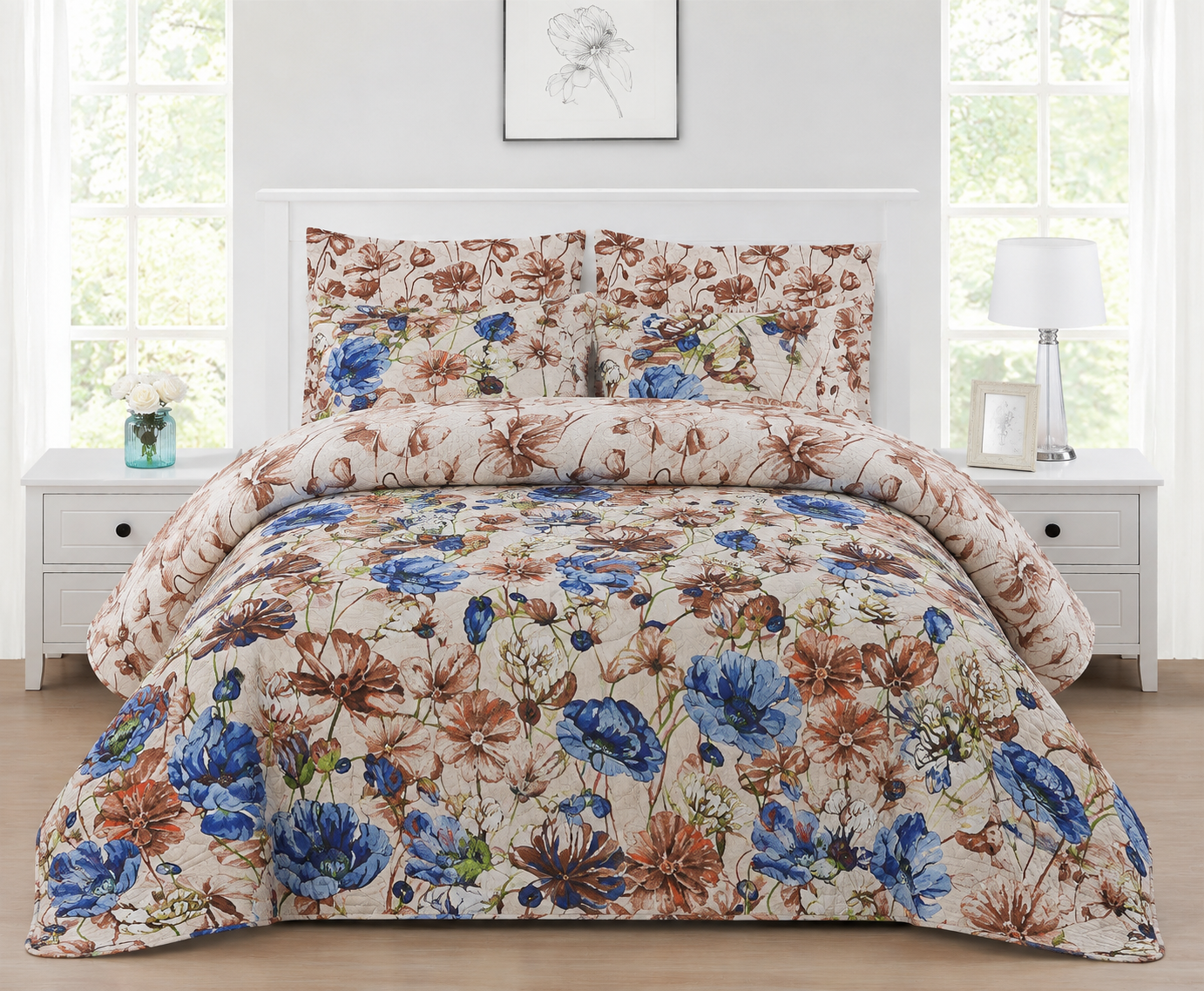 Blue & Rust Floral 7 Pcs Bedspread Set
