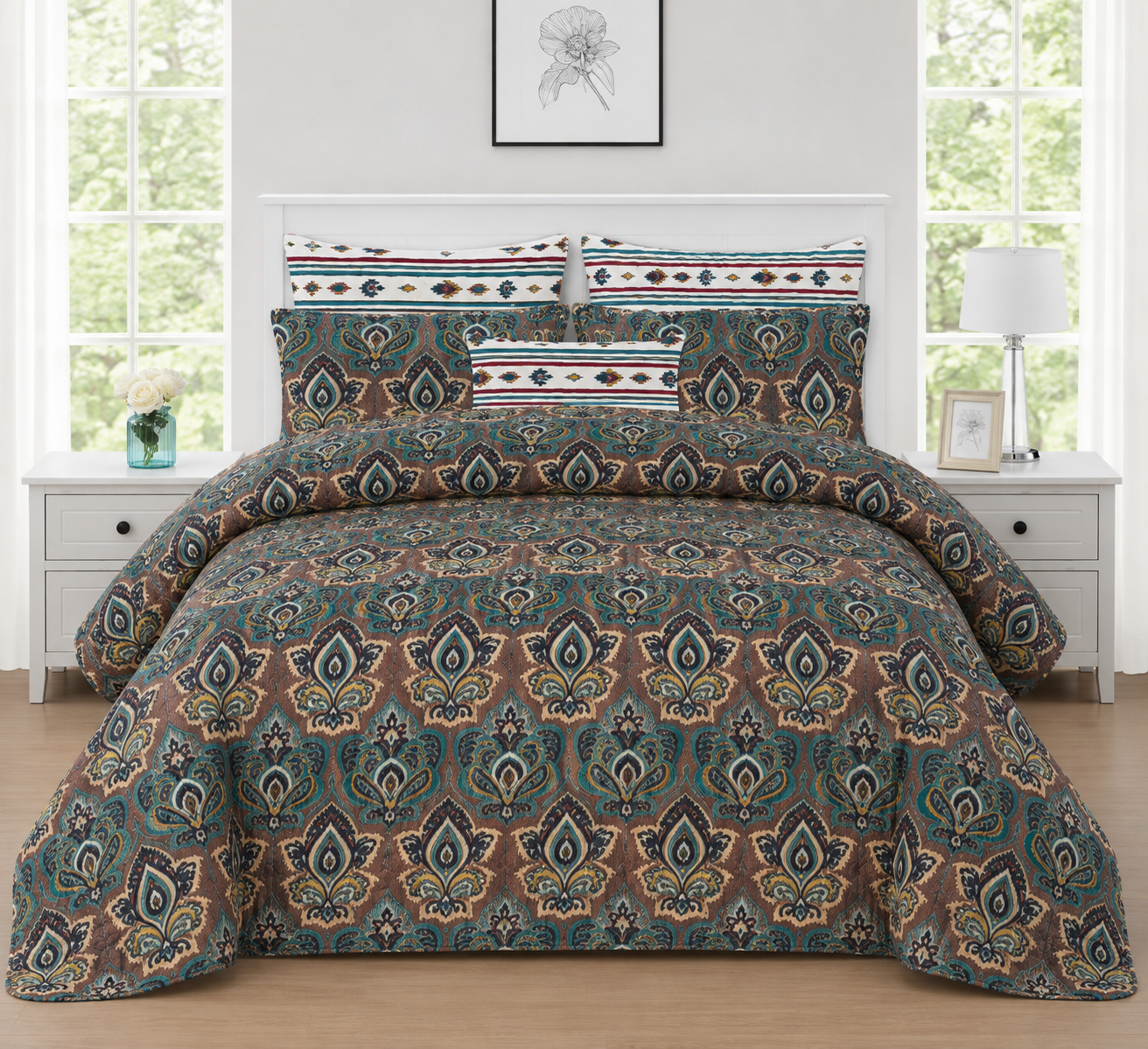 Teal Heritage Printed 7Pcs BedSpread Set